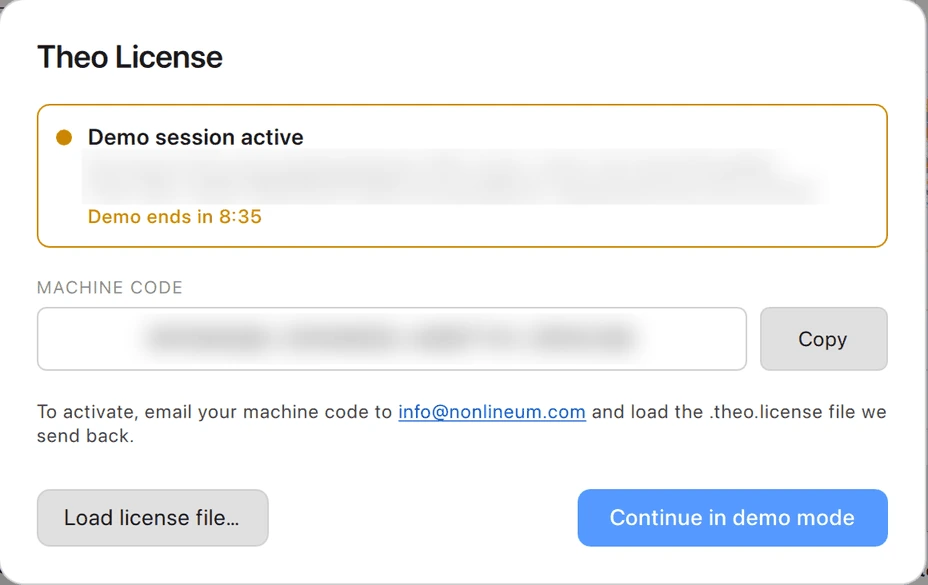 The Theo License dialog in a demo session, with the time left and the machine code to send